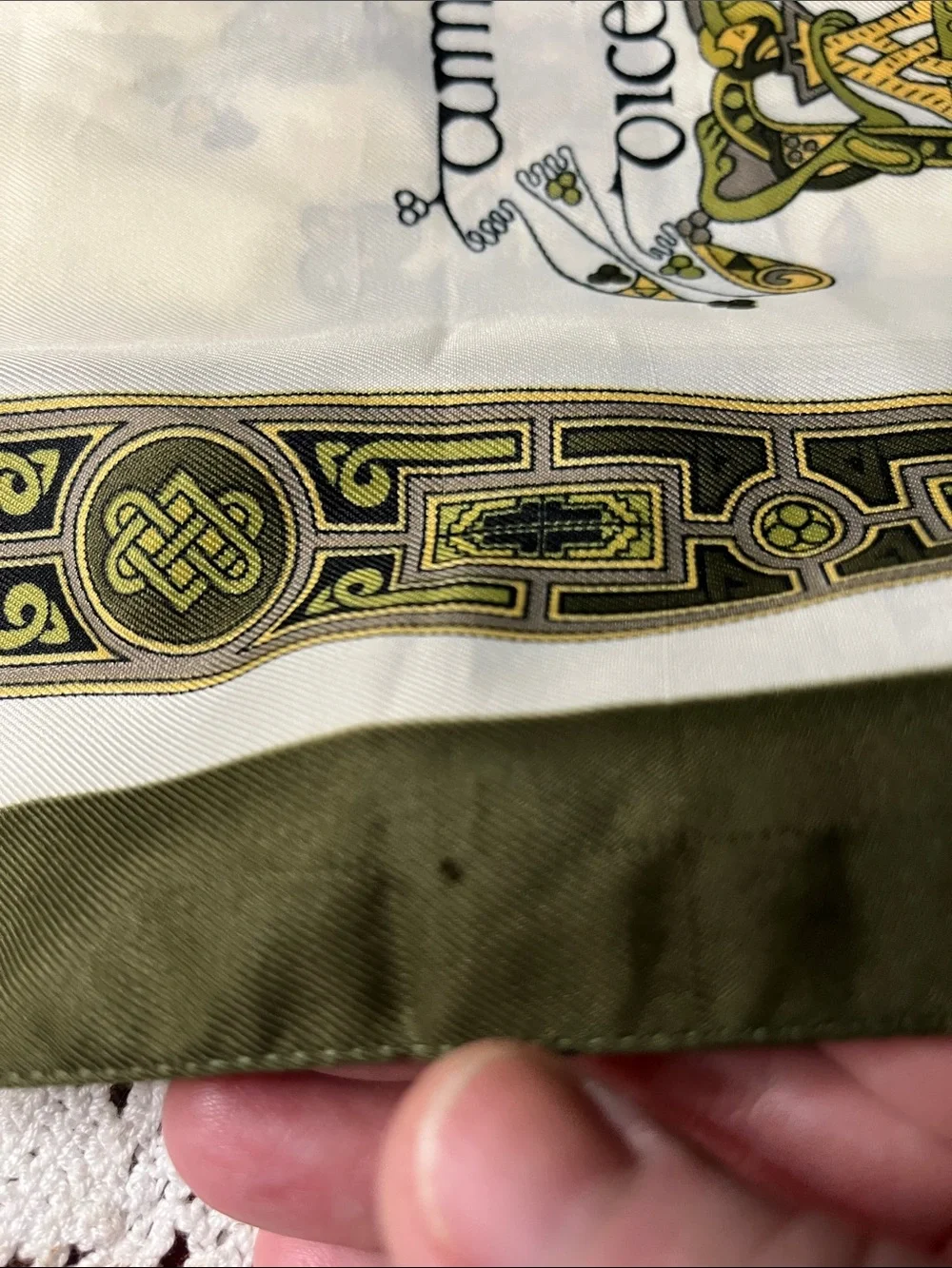 Vintage souvenir scarf Green and Cream Decorative Silk Scarf Table Runner